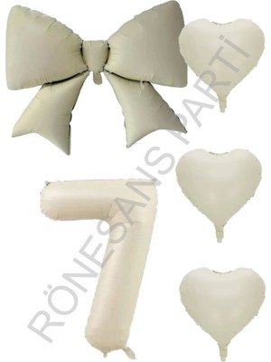 İstoç Parti Krem Renk Kalp Fiyonk Rakam Folyo Balon Seti Yaş 7