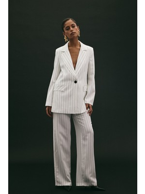 Sateen Rina Çizgili Pantolon - Ekru