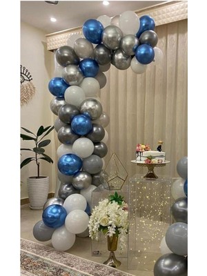 İstoç Parti Pastel Beyaz-Gri -Krom Gümüş-Mavi Balon 50 Adet + 5 Mt. Balon Zinciri