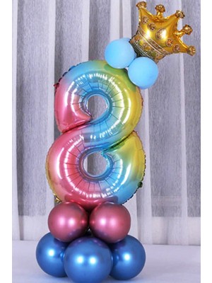 İstoç Parti Gökkuşağı Renkleri Rakam Balon Altın Taçlı 8 Rakamlı Balon Seti
