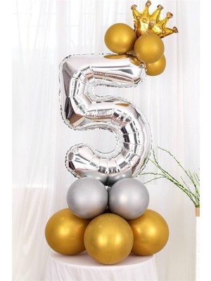 İstoç Parti Gümüş Renk 5 Yaş Krom Gold-Gümüş Renkler Altın Taçlı Balon Seti