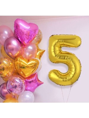 İstoç Parti Pembe Gold Kalp Yıldız Rakam Konsept Balon Seti 5 Yaş