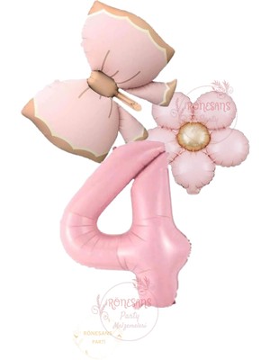 İstoç Parti Istoç Parti Pembe Renk Fiyonk Papatya ve Rakam Folyo Balon Seti Yaş 4