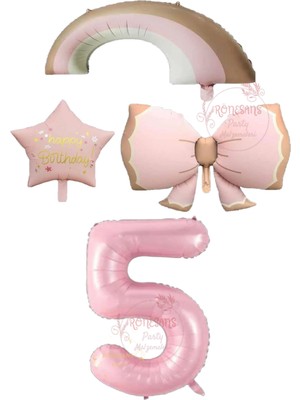 İstoç Parti Istoç Parti Pembe Renk Fiyonk Gökkuşağı Yıldız ve Rakam Folyo Balon Seti Yaş 5
