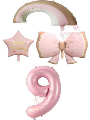 İstoç Parti Istoç Parti Pembe Renk Fiyonk Gökkuşağı Yıldız ve Rakam Folyo Balon Seti Yaş 9