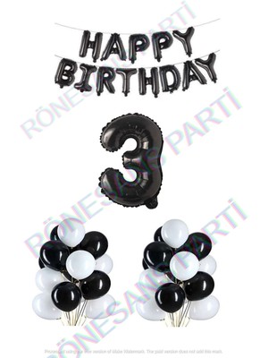 İstoç Parti Happy Bırthday Siyah Renk Folyo Balon Latex Balon  ve Folyo Rakam Seti Yaş 3
