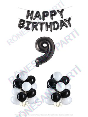 İstoç Parti Happy Bırthday Siyah Renk Folyo Balon Latex Balon  ve Folyo Rakam Seti Yaş 9