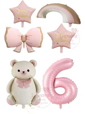 İstoç Parti Istoç Parti Pembe Renk Fiyonk Yıldız Rakam Gökkuşağı ve Krem Ayıcıklı Folyo Balon Seti Yaş 6