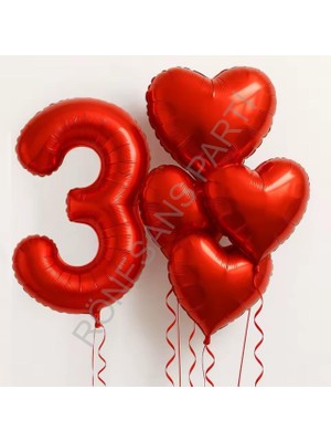 İstoç Parti Kırmızı Rakam Kalp Folyo Balon Seti Yaş-3