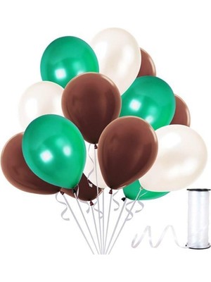 İstoç Parti Kahverengi - Koyu Yeşil - Beyaz Metalik Balon 70 Adet+ 5 mt Balon Zinciri