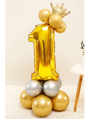 İstoç Parti Gold Renk 1 Yaş Krom Gold-Gümüş Renkler Altın Taçlı Balon Seti