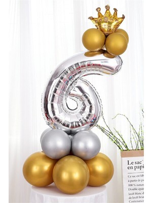 İstoç Parti Gümüş Renk 6 Yaş Krom Gold-Gümüş Renkler Altın Taçlı Balon Seti