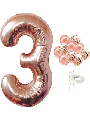 İstoç Parti 3 Yaş Rose Gold Rakam Balon Konfetili Balon Seti