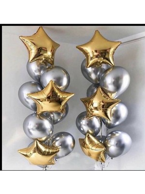 İstoç Parti Gümüş Krom Balon 14 Adet Folyo Gold Yıldız 6 Adet Balon Seti