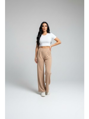 Evolaria Kadın Yüksek Bel Pensli Bol Paça Krep Palazzo Pantolon – Bej