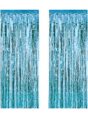 İstoç Parti 2 Adet 45 cm × 200 cm Metalize Arka Fon Kapı Perdesi Püsküllü Fon Süsü Mavi