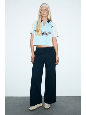 Grimelange Lıbrate Kadın Organik Pamuklu Baskı Detaylı Çift Cepli Oversıze Lacivert Eşofman Altı