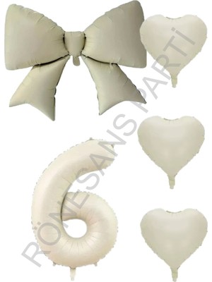 İstoç Parti Krem Renk Kalp Fiyonk Rakam Folyo Balon Seti Yaş 6
