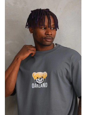 Unisex Baskılı Oversize T-Shirt - Füme