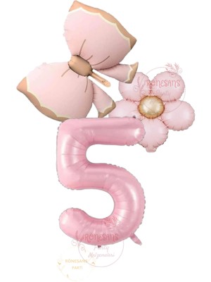 İstoç Parti Istoç Parti Pembe Renk Fiyonk Papatya ve Rakam Folyo Balon Seti Yaş 5