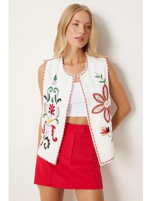 Septemmart Çok Renkli Floral Nakışlı %100 Pamuk Beyaz Bohem Yelek