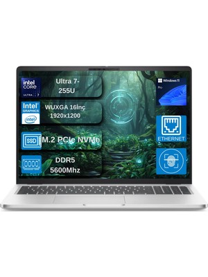 Dell Pro 16 Intel Core Ultra 7 255U 5.2ghz 24GB Ddr5 2tb SSD Windows 11 Pro Intel® Aı Boost 16 Inç IPS Fullhd+ (1920X1200) Taşınabilir Bilgisayar+ Mouse Hediyeli BTO107C16250U7255U16EX13