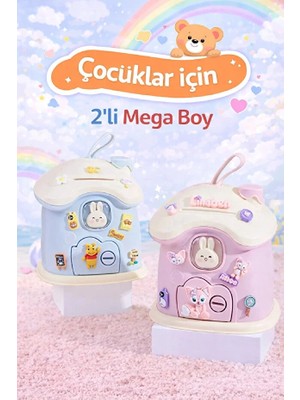Rosemor 2 Adet Kumbara Mega Boy Sevimli Kawai Tarz Mavi Pembe Renk Ev Baca Kumbara Kilitli Kumbarası Sticker Hediye