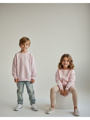 Kyex Kids Unisex Çocuk Toz Pembe Bisiklet Yaka Basic Sweatshirt - %100 Pamuklu Yumuşak Dokuma