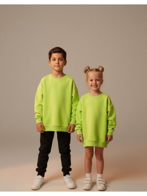 Kyex Kids Unisex Çocuk Fosfor Fıstık Yeşili Bisiklet Yaka Basic Sweatshirt - %100 Pamuklu Yumuşak Dokuma