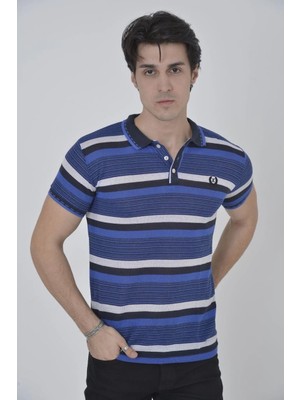 Erkek Yakalı Slim Fit Dokuma Çizgili T-Shirt - Mavi