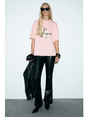 Grimelange Asterıve Kadın Organik Pamuklu Baskılı Bisiklet Yaka Oversıze Somon T-Shirt