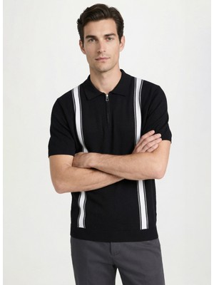 Fabrika Polo Yaka Regular Fit Çizgili Siyah Erkek Kazak F6SM-KZK 2623