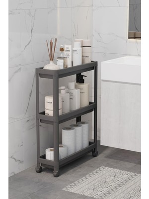 Mutfak Köşesi 3lü Tekerlekli Dikdörtgen Raf Ünitesi Banyo Mutfak Düzenleyici Raf Modern Depolama Raf Siyah