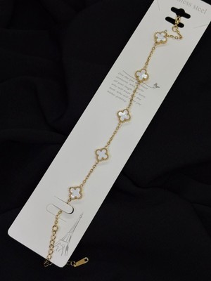316L Çelik Gold Renk Yonca Van Cleef  Beyaz Küçük Boy Bileklik