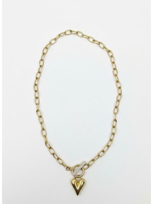 Kristal Taşlı Altın Kalp Çelik Kolye