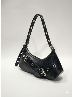 adissa collection Rocker - Tokalı Metal Halkalı Baget Çanta | Gümüş Aksesuarlı Punk Hobo