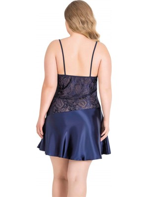 MTM My The Mall Giyim Büyük Beden Lacivert Kısa Saten Gecelik