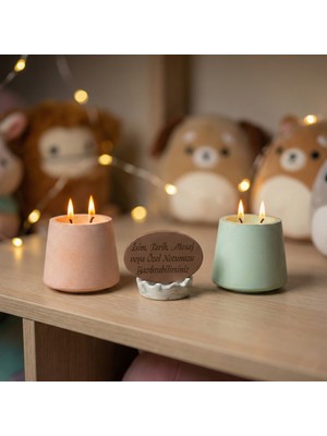 Miaju Doğal ve Modern Görünüm, Kişiye Özel Isim ve Not Yazılı Mum Seti, Dekoratif Hediye, Çift Alevli