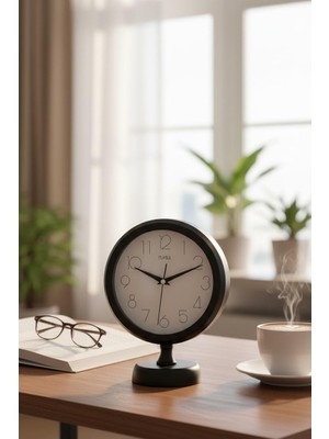 Muyika Modern Siyah Metal Masa Saati 27X20 cm – Sessiz Akar Mekanizma, Camlı Minimal Tasarım-Vasso 27X20CM