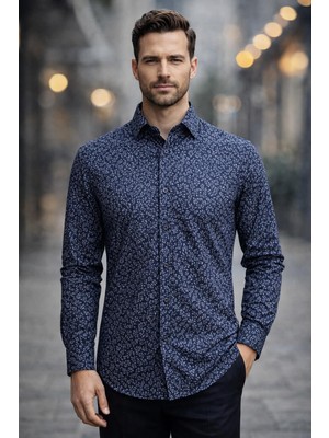 Colvıs Man Klasik Uzun Kol Likralı Cepsiz Desenli Yaka Alttan Düğmeli Hediye Kutulu Erkek Gömleği