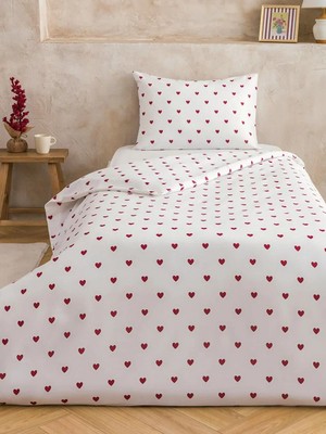 LC Waikiki Kırmızı Kalp Baskılı Pamuklu Tek Kişilik Nevresim Seti  (S6)