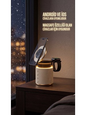 Bosile 5'i 1 Arada Magsafe Kablosuz Şarj Istasyonu & Bluetooth Hoparlör | Gece Lambalı Masaüstü Standı (Ios & Android Uyumlu)