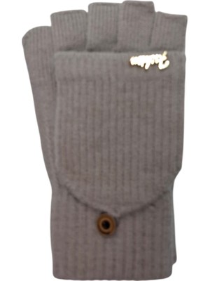 Suyutti Spteks Yetişkin Bej Renk Fashion Yazılı Figürlü Parmaksız Kapaklı Kışlık Örme Eldiven