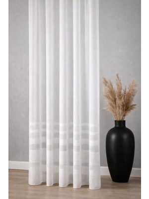 Ran Perde Şerit Desenli Ütü Istemeyen Keten Tül Perde- Ekru - Pileli Dikim 1x2,5 Pile - PO57