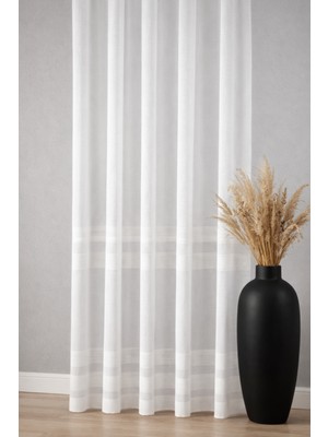 Ran Perde Şerit Desenli Ütü Istemeyen Keten Düz Tül Perde- Ekru - Pileli Dikim 1x2,5 Pile - UK41