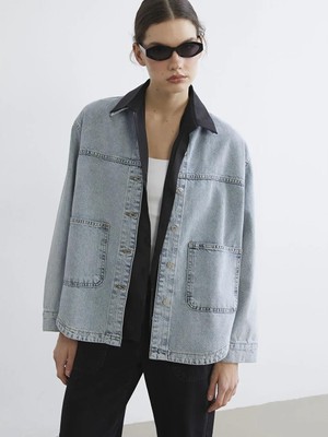 LC Waikiki Indigo Gömlek Yaka Oversize Kadın Jean Ceket  (S6)