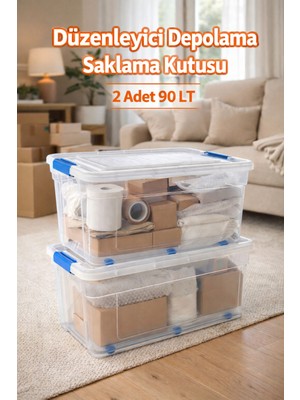 Loremp 90 Lt Saklama Kutusu 2 Adet Düzenleyici Saklama Kabı Kilitli Tekerlekli Şeffaf