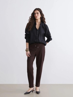 LC Waikiki Kahverengi Beli Lastikli Dokulu Havuç Kesim Kadın Pantolon  (S6)