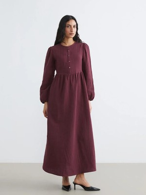 LC Waikiki Indigo Bisiklet Yaka Balon Kollu Müslin Elbise  (S6)