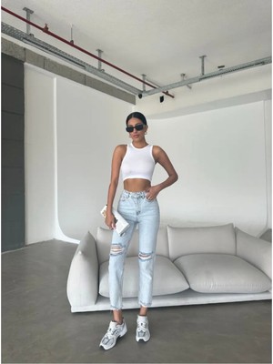 Aida Fashion Diz Yırtık Mom Jeans